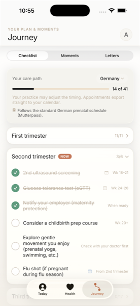 miana's prenatal checklist: the German Mutterpass schedule, trimester progress, and completed appointments like the anatomy scan and glucose tolerance test.