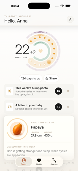 miana's Today screen: week 22 plus 2 days, the trimester ring, prompts to add this week's bump photo and write a letter, and a papaya-sized comparison card.